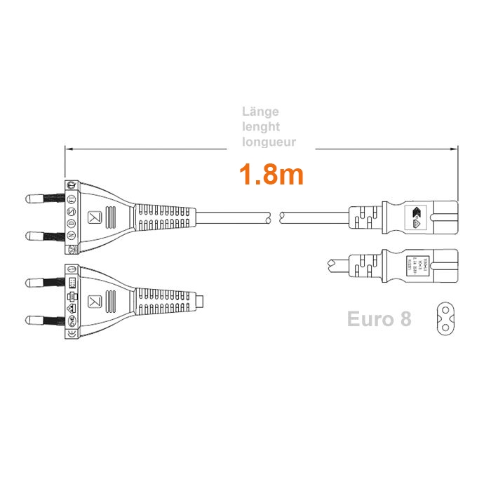 Power cord with EURO8 plug for continental Europe 180cm
