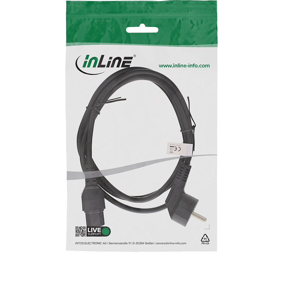 Mains cable CEE 7/7 90° to hot appliance plug C15, 1mm², VDE, black, length 3m