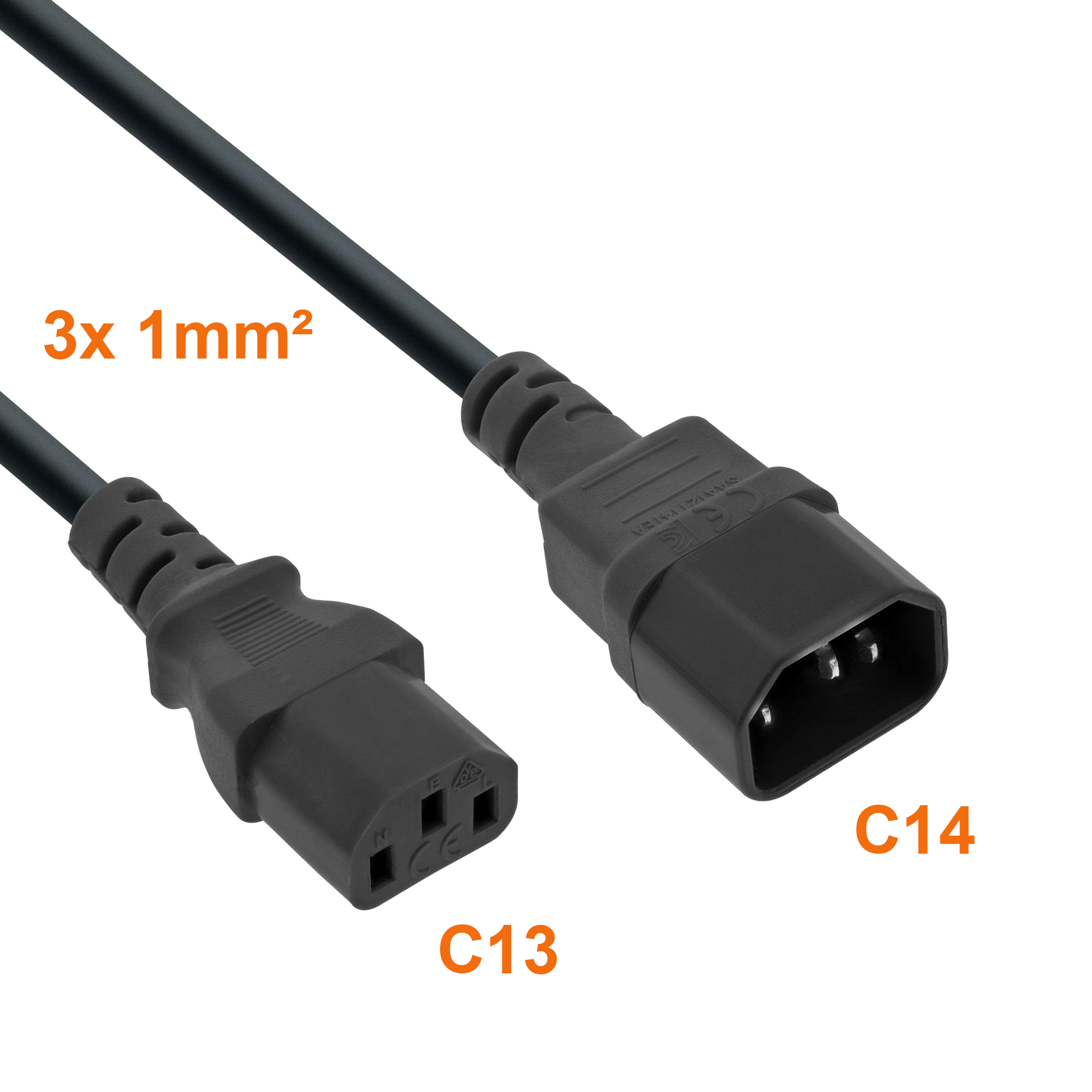 Power cord extension cable C13 to C14 3x1mm² 3m