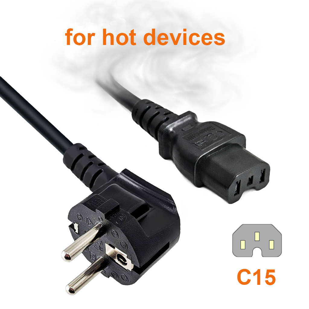 Mains cable CEE 7/7 90° to hot appliance plug C15, 1mm², VDE, black, 70cm
