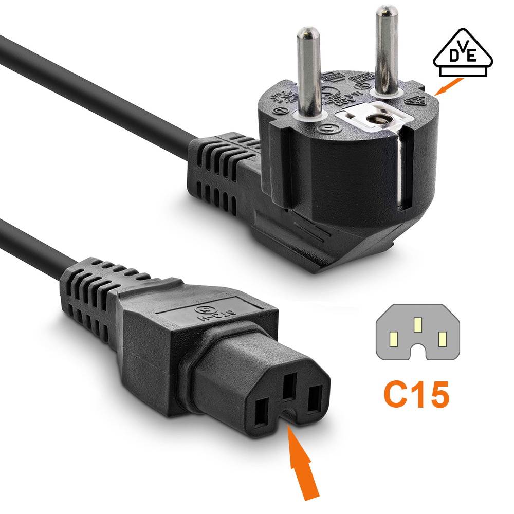 Mains cable CEE 7/7 90° to hot appliance plug C15, 1mm², VDE, black, length 1m