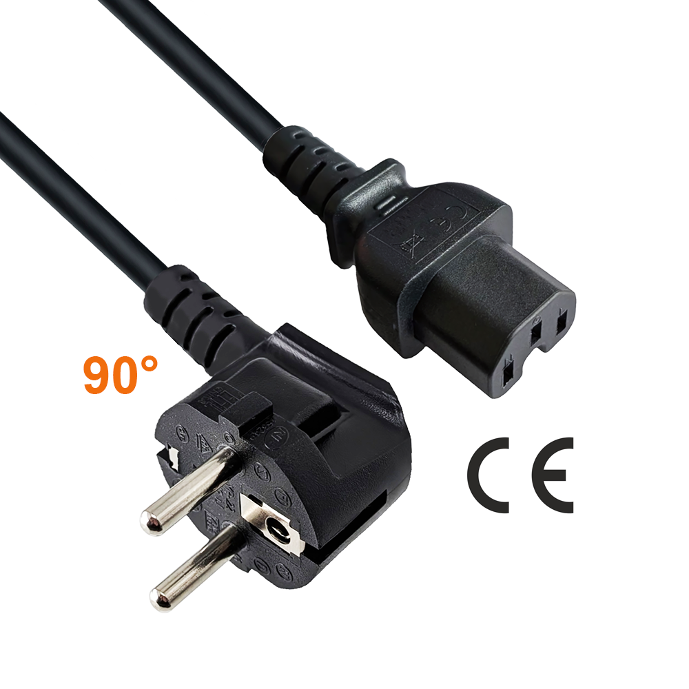 Mains cable CEE 7/7 90° to hot appliance plug C15, 1mm², VDE, black, 70cm