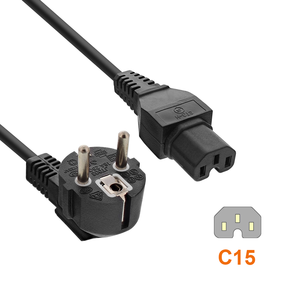 Mains cable CEE 7/7 90° to hot appliance plug C15, 1mm², VDE, black, length 1m