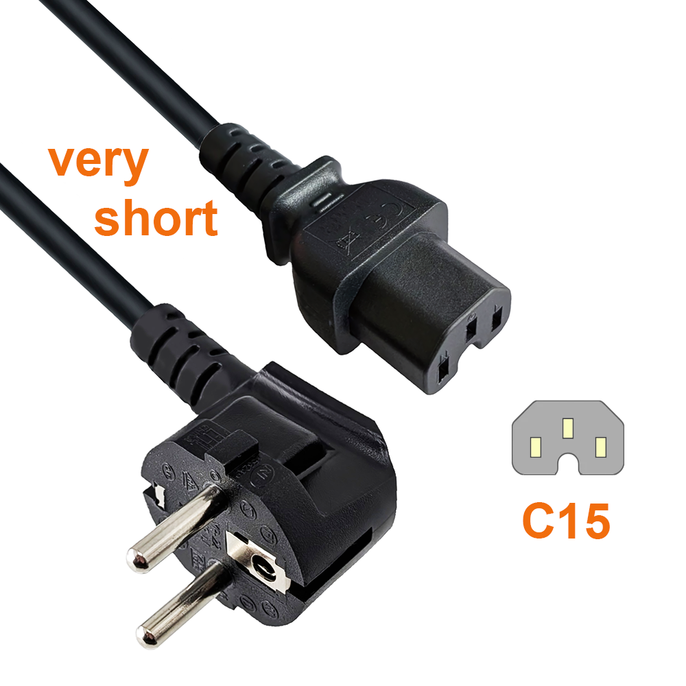 Mains cable CEE 7/7 90° to hot appliance plug C15, 1mm², VDE, black, 70cm