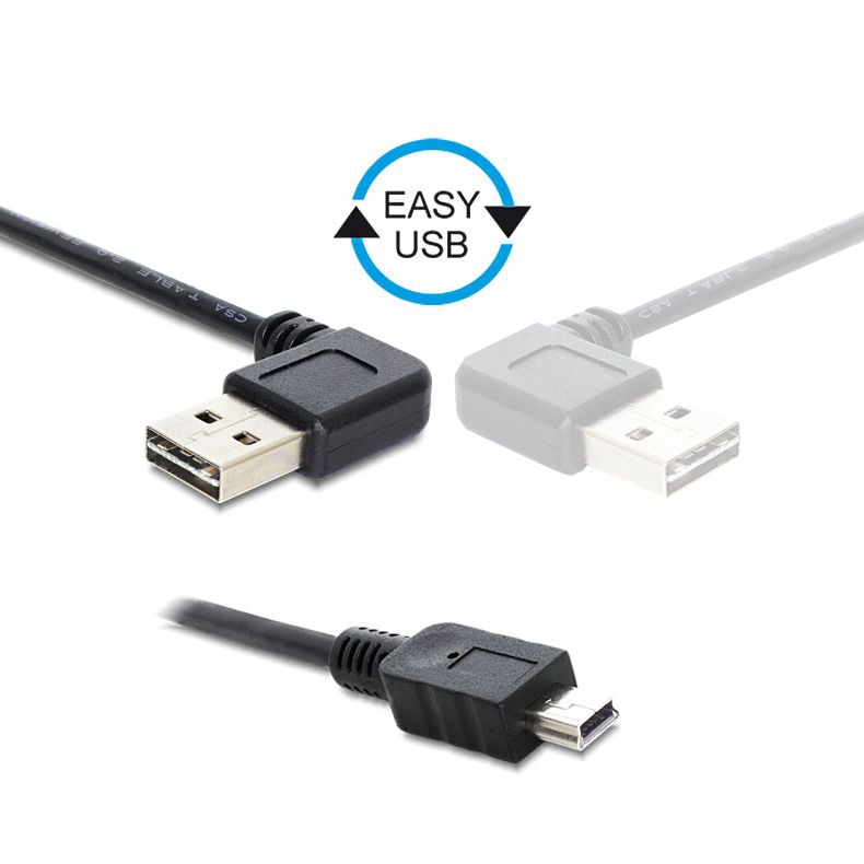 USB cable plug A 90° to mini B, plug A right or left angled pluggable, 1m