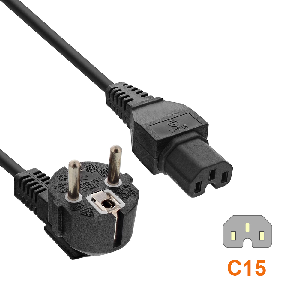 Mains cable CEE 7/7 90° to hot appliance plug C15, 1mm², VDE, black, length 1.8m