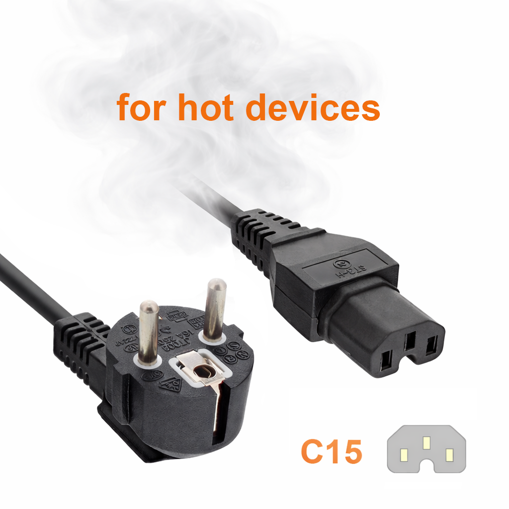 Mains cable CEE 7/7 90° to hot appliance plug C15, 1mm², VDE, black, length 1m