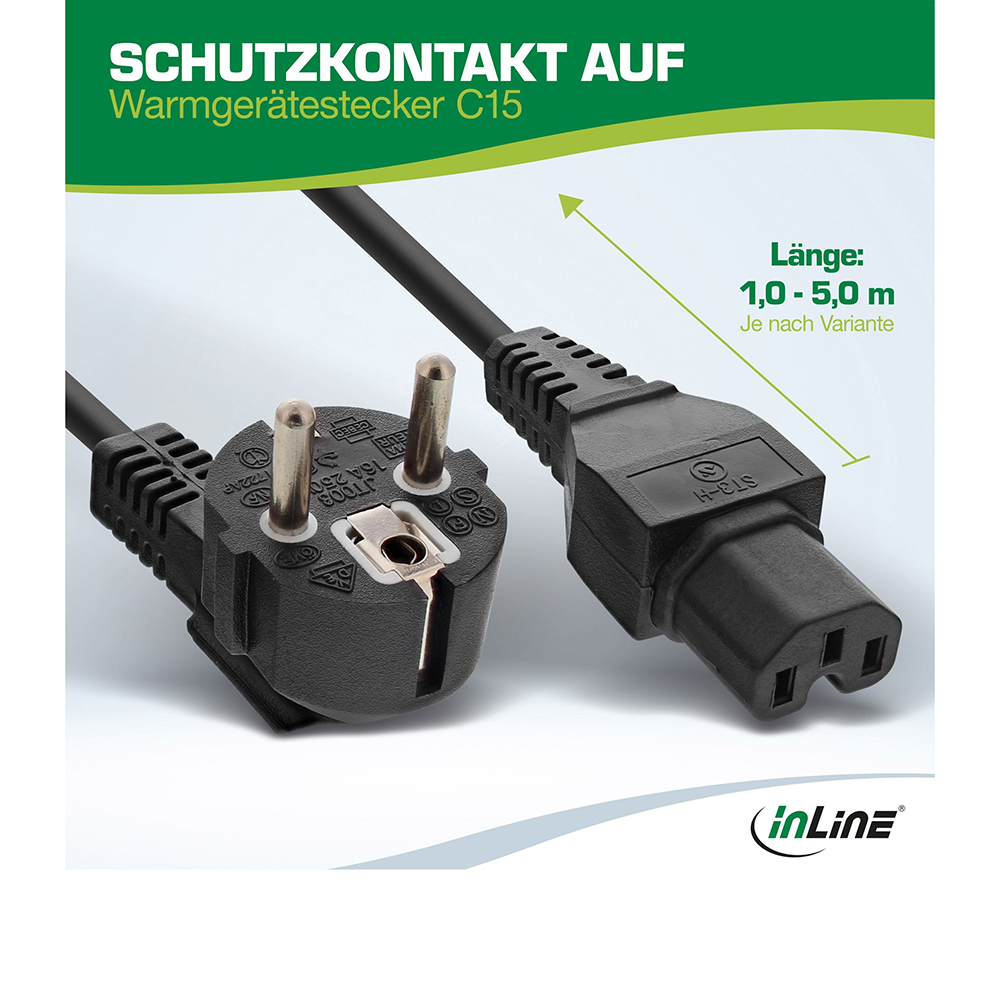 Mains cable CEE 7/7 90° to hot appliance plug C15, 1mm², VDE, black, length 3m