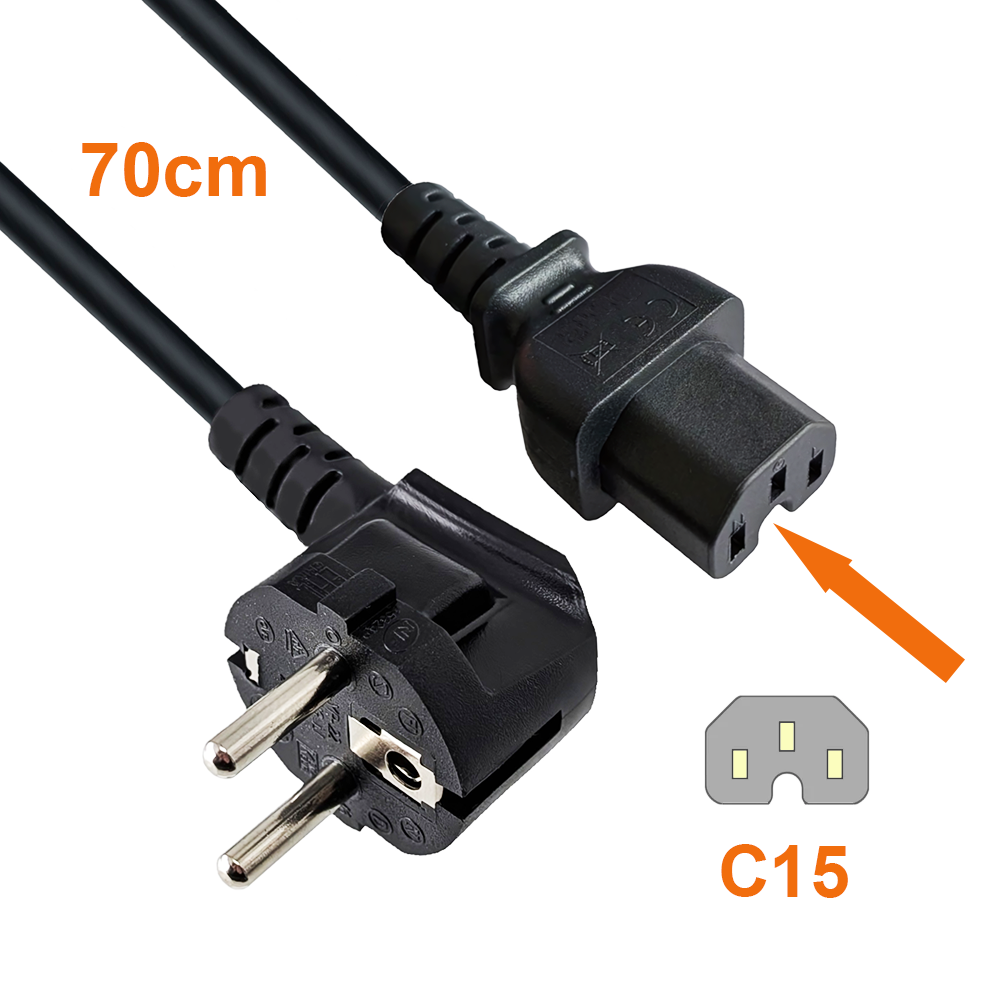 Mains cable CEE 7/7 90° to hot appliance plug C15, 1mm², VDE, black, 70cm