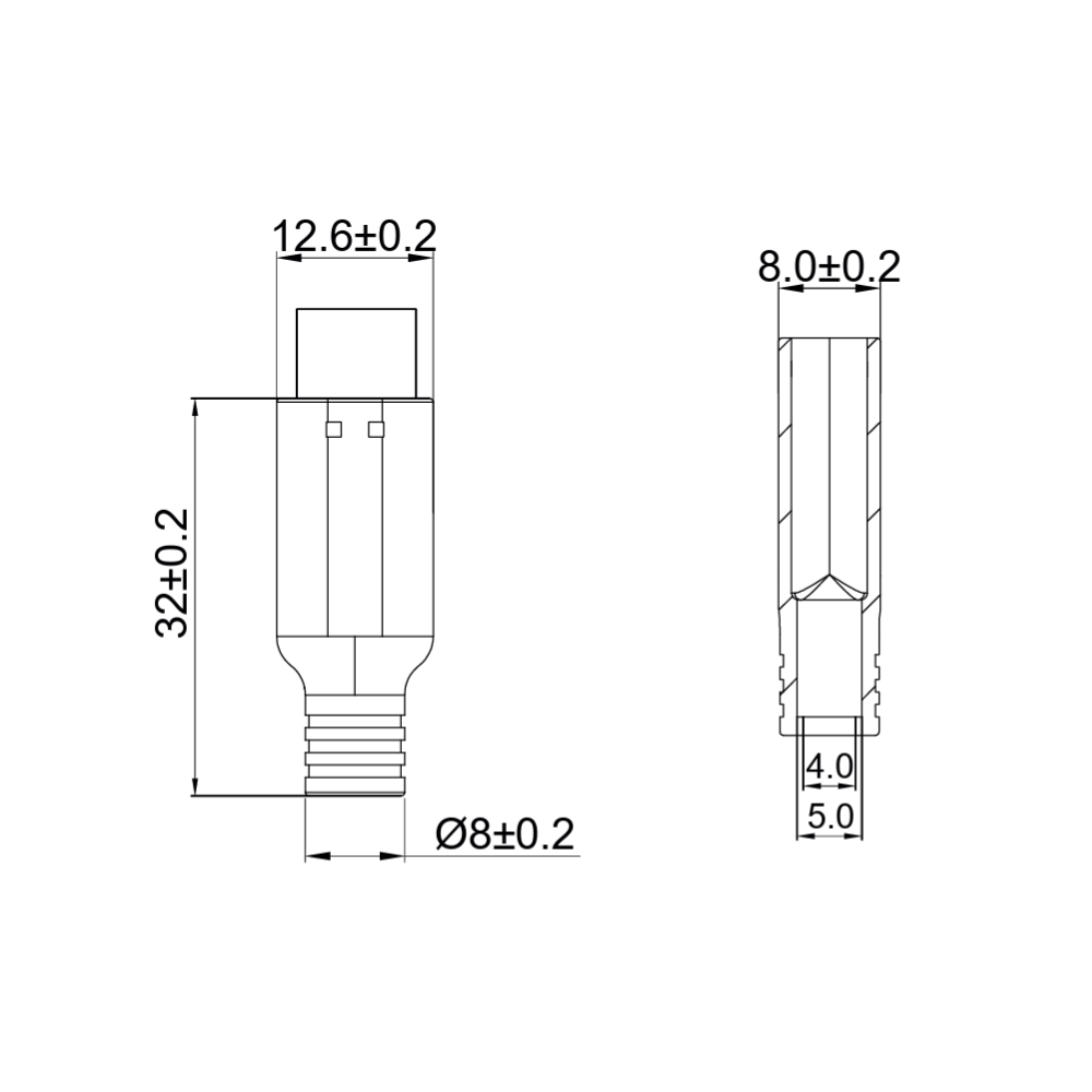 USB 2.0 plug type C male with black hood, solder type