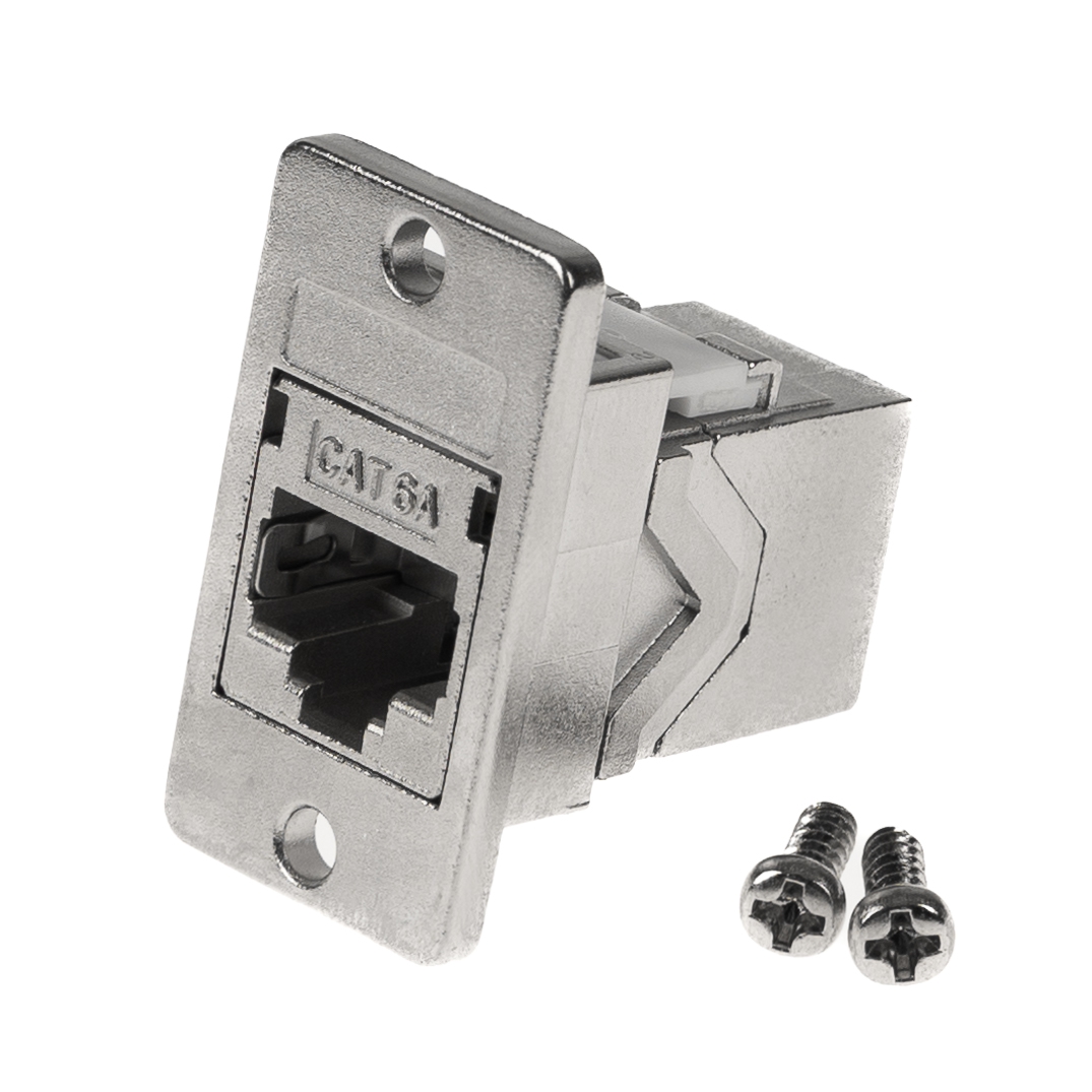 Panel mount Cat.6A adapter, 2x RJ45 female, high-end metal version