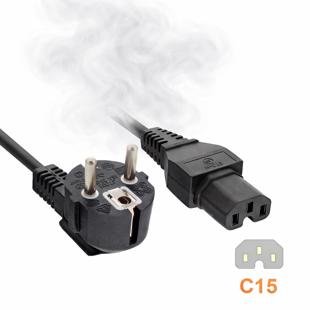 Mains cable CEE 7/7 90° to hot appliance plug C15, 1mm², VDE, black, length 1m